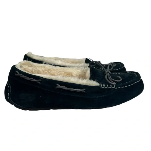 UGG Women SZ 9 TATE 10164 Black Suede Wool Lined Slip On Moccasin Slipper Shoe - Picture 2 of 12